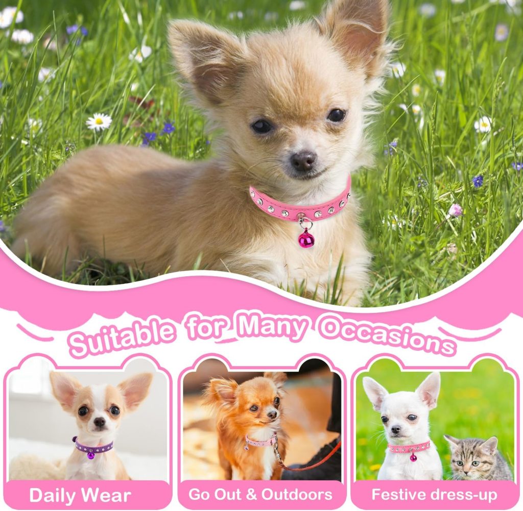 3 Pieces Chihuahua Collar with Bell Bling Dog Collar for Small Dogs Girl Cute Puppy Collars Diamond Extra Small Dog Collar Pink Soft Leather Pet Kitten Collar Xs - 4