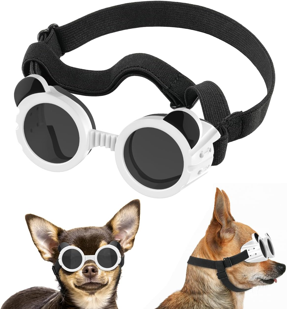 Small Dog Sunglasses UV Protection Goggles Eye Wear Protection with Adjustable Strap Doggy Panda Shape Anti-Fog Sunglasses for Pet Dogs Sun Glasses Doggie Windproof Glasses, White - 1