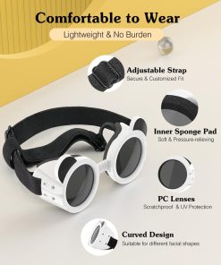 Small Dog Sunglasses UV Protection Goggles Eye Wear Protection with Adjustable Strap Doggy Panda Shape Anti-Fog Sunglasses for Pet Dogs Sun Glasses Doggie Windproof Glasses, White - 2