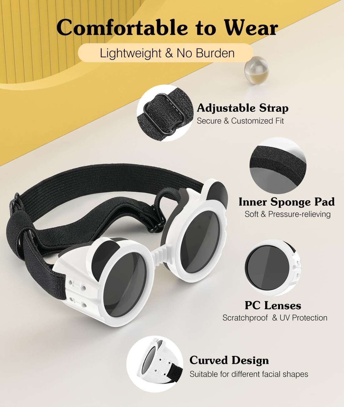 Small Dog Sunglasses UV Protection Goggles Eye Wear Protection with Adjustable Strap Doggy Panda Shape Anti-Fog Sunglasses for Pet Dogs Sun Glasses Doggie Windproof Glasses, White - 2