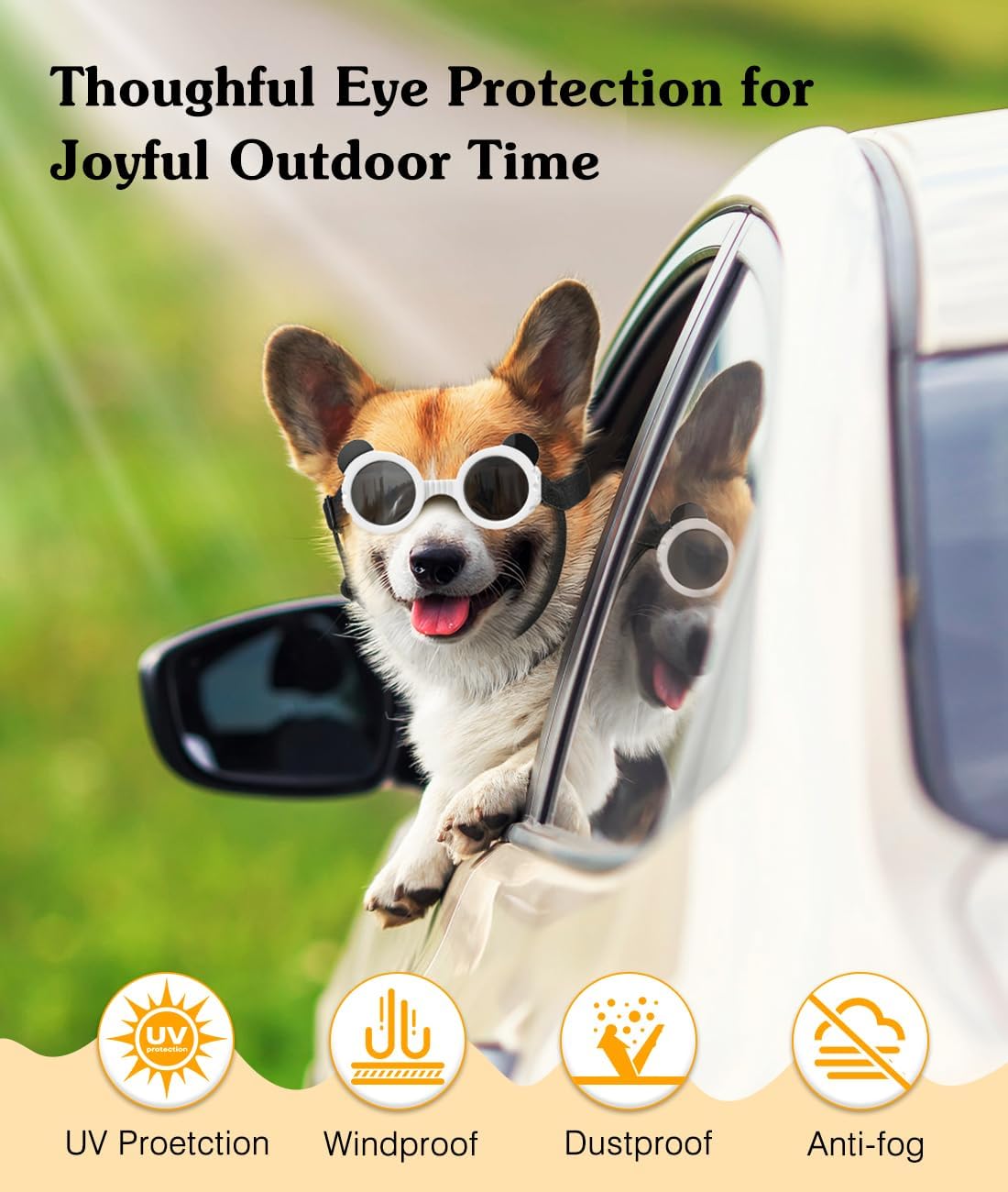 Small Dog Sunglasses UV Protection Goggles Eye Wear Protection with Adjustable Strap Doggy Panda Shape Anti-Fog Sunglasses for Pet Dogs Sun Glasses Doggie Windproof Glasses, White - 3