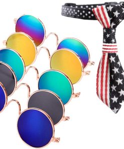 Dplus Cool Stylish and Funny Cute Pet Sunglasses - Glasses Set of 5 - Classic Retro Circular Metal Prince Sunglasses for Cat,Chihuahua or Small Dogs (with tie) - 1