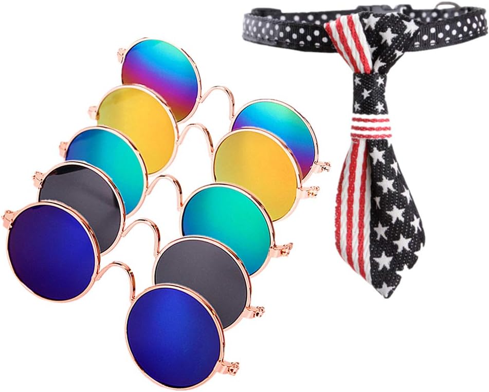 Dplus Cool Stylish and Funny Cute Pet Sunglasses - Glasses Set of 5 - Classic Retro Circular Metal Prince Sunglasses for Cat,Chihuahua or Small Dogs (with tie) - 1 Dplus Cool Stylish and Funny Cute Pet Sunglasses - Glasses Set of 5 - Classic Retro Circular Metal Prince Sunglasses for Cat,Chihuahua or Small Dogs (with tie) - 1
