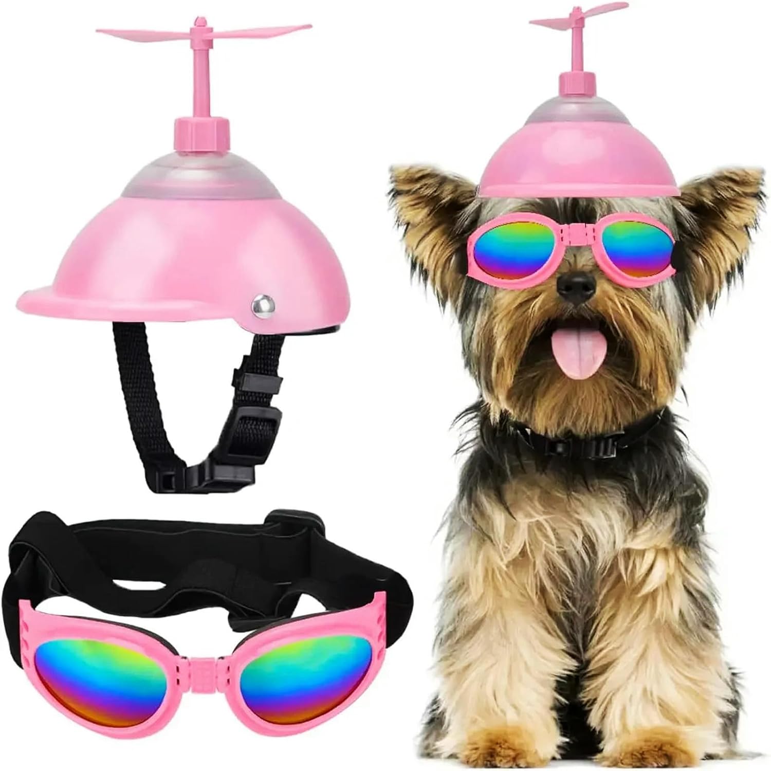 IUOUTG Dog Helmet and Goggles with Cute Propeller Adjustable Puppy Hard Hat and Sunglasse Summer Riding Motorcycle Helmet Dog Goggles Set for Small Medium Dogs - 1