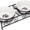 Navaris Ceramic Pet Bowl Set - Food Water Bowls for Cats, Small Dogs and Puppies with Non-Slip Retro Metal Stand - Set of Bowls, 10.8 oz Each - 1