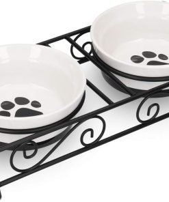 Navaris Ceramic Pet Bowl Set - Food Water Bowls for Cats, Small Dogs and Puppies with Non-Slip Retro Metal Stand - Set of Bowls, 10.8 oz Each - 1