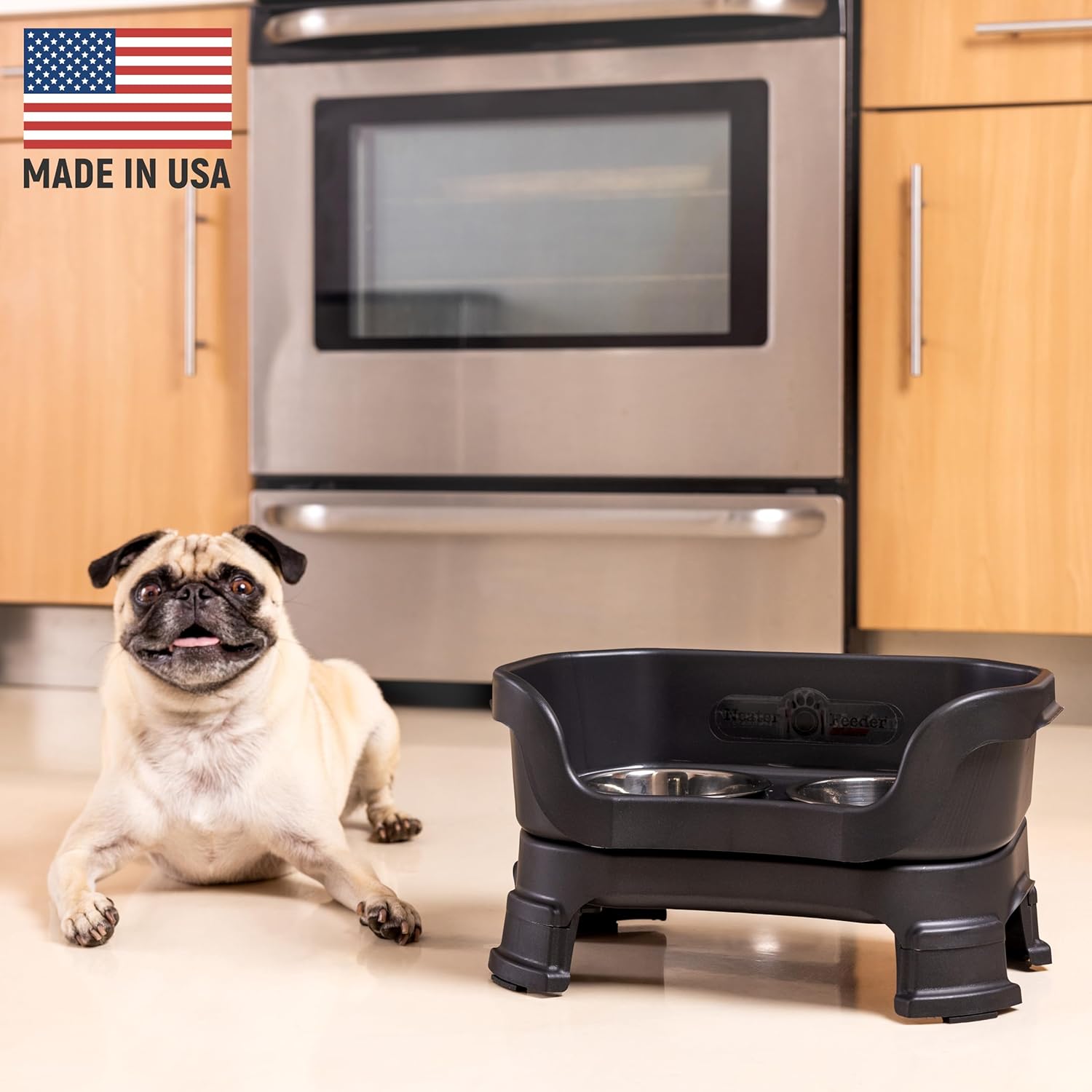 Neater Feeder - Deluxe Model Adjustable Height - Mess-Proof Dog Bowls (Small, Midnight Black) - Made in USA - Elevated, No Spill, Non-Tip, Non-Slip, Raised Stainless Steel Food & Water Pet Bowls - 2