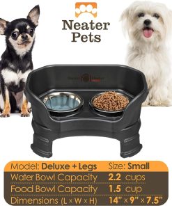 Neater Feeder - Deluxe Model Adjustable Height - Mess-Proof Dog Bowls (Small, Midnight Black) - Made in USA - Elevated, No Spill, Non-Tip, Non-Slip, Raised Stainless Steel Food & Water Pet Bowls - 4