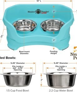Neater Feeder - Deluxe Model - Mess-Proof Dog Bowls (Small, Aquamarine) - Made in USA - Elevated, No Spill, Non-Tip, Non-Slip, Raised Stainless Steel Food & Water Pet Bowls - 7