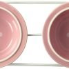 PetRageous 44355 Toftees Paws Diner with Two 1-Cup Dishwasher Safe Stoneware Bowl Capacity 10.75-Inch Length 2.25-Inch Tall for Extra Small and Small Dogs and Cats, White and Pink - 1