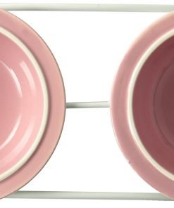 PetRageous 44355 Toftees Paws Diner with Two 1-Cup Dishwasher Safe Stoneware Bowl Capacity 10.75-Inch Length 2.25-Inch Tall for Extra Small and Small Dogs and Cats, White and Pink - 1
