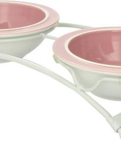 PetRageous 44355 Toftees Paws Diner with Two 1-Cup Dishwasher Safe Stoneware Bowl Capacity 10.75-Inch Length 2.25-Inch Tall for Extra Small and Small Dogs and Cats, White and Pink - 10