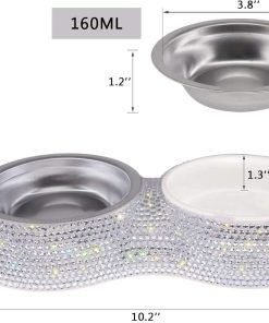 SAVORI Small Dog Bowls, Handmade Bling Rhinestones Stainless Steel Pet Bowls Double Food Water Feeder for Puppy Cats Dogs Cats (Silver-320ml) - 4