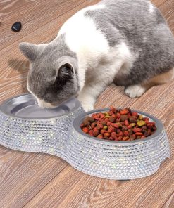 SAVORI Small Dog Bowls, Handmade Bling Rhinestones Stainless Steel Pet Bowls Double Food Water Feeder for Puppy Cats Dogs Cats (Silver-320ml) - 7