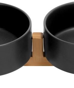 SPUNKYJUNKY Ceramic Dog and Cat Bowl Set with Wooden Stand, Modern Cute Weighted Food Water Set for Small Size Dogs (13.5OZ) & Medium Sized Dogs (28.7OZ) & Cats (1.7 Cups, 2 × Black) - 1