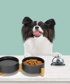 SPUNKYJUNKY Ceramic Dog and Cat Bowl Set with Wooden Stand, Modern Cute Weighted Food Water Set for Small Size Dogs (13.5OZ) & Medium Sized Dogs (28.7OZ) & Cats (1.7 Cups, 2 × Black) - 3