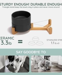 SPUNKYJUNKY Ceramic Dog and Cat Bowl Set with Wooden Stand, Modern Cute Weighted Food Water Set for Small Size Dogs (13.5OZ) & Medium Sized Dogs (28.7OZ) & Cats (1.7 Cups, 2 × Black) - 4