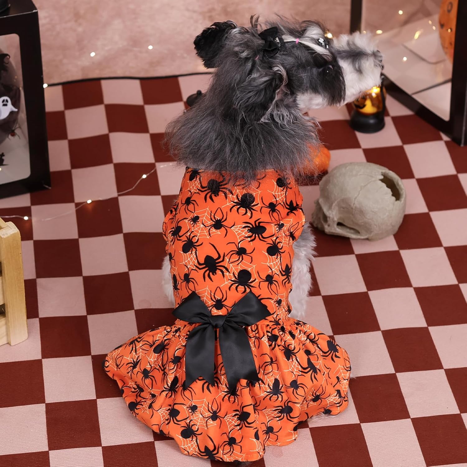 CuteBone Halloween Dog Dresses Velvet Holiday Small Dogs Clothes Onesie Pet Apparel Girl Puppy Skirt with Bow Hair Rope CVA46XXS - 4