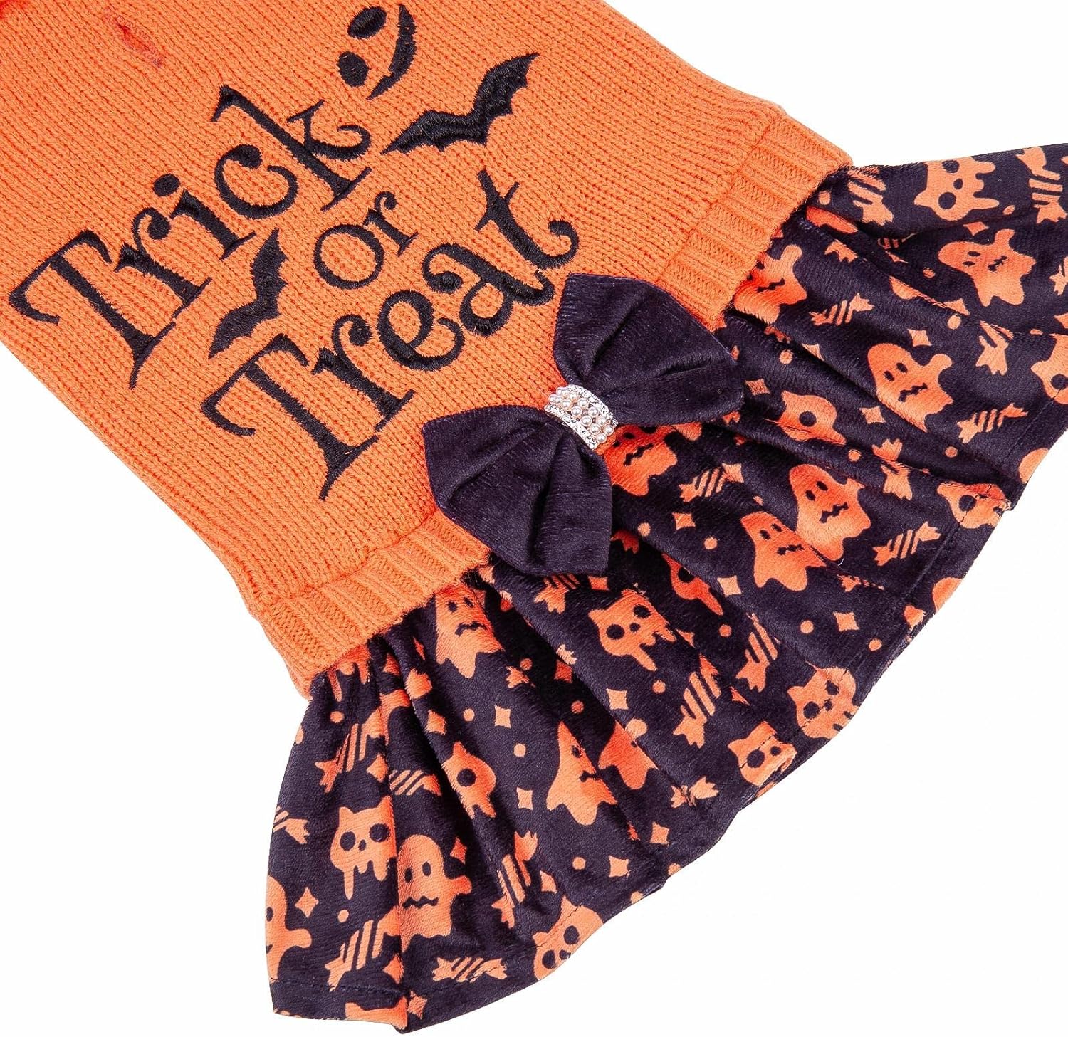 CuteBone Halloween Dog Sweater Dress Trick or Treat Knit Turtleneck Puppy Sweater with Bowtie Leash Hole Pullover Winter Dress for Small Dogs - 6