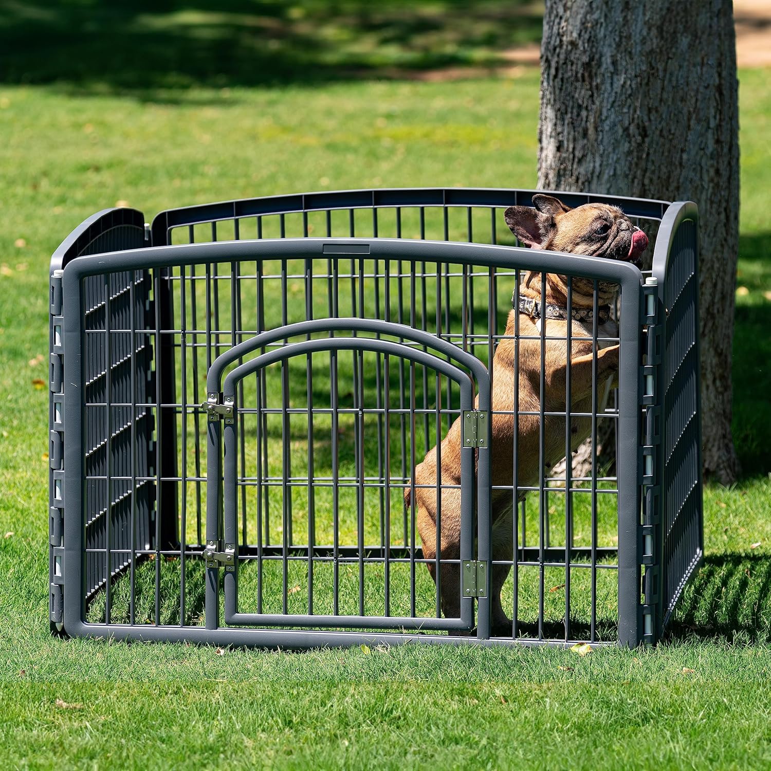 IRIS USA Dog Playpen, 4-Panel 24 Pet Playpen with Door, Puppy Playpen, Indoor-Outdoor Dog Pen, 35 x 35 x 24, Foldable, Customizable, Dark Gray - 8