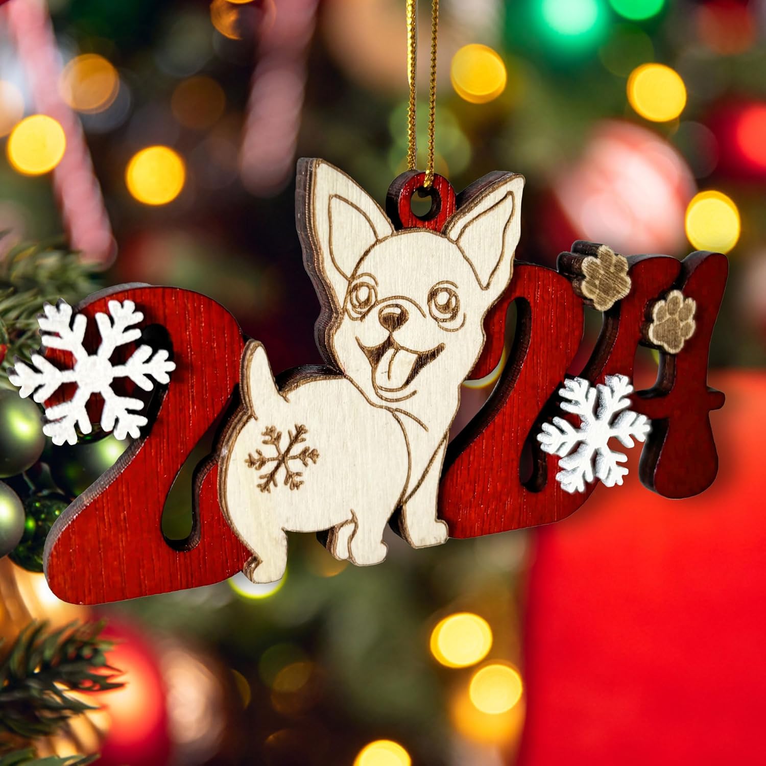 Chihuahua Dog 2024 Christmas Ornament - Adorable Wooden Holiday Decoration for Chihuahua Lovers - 2024 Chihuahua Dog Christmas Tree Ornament 2