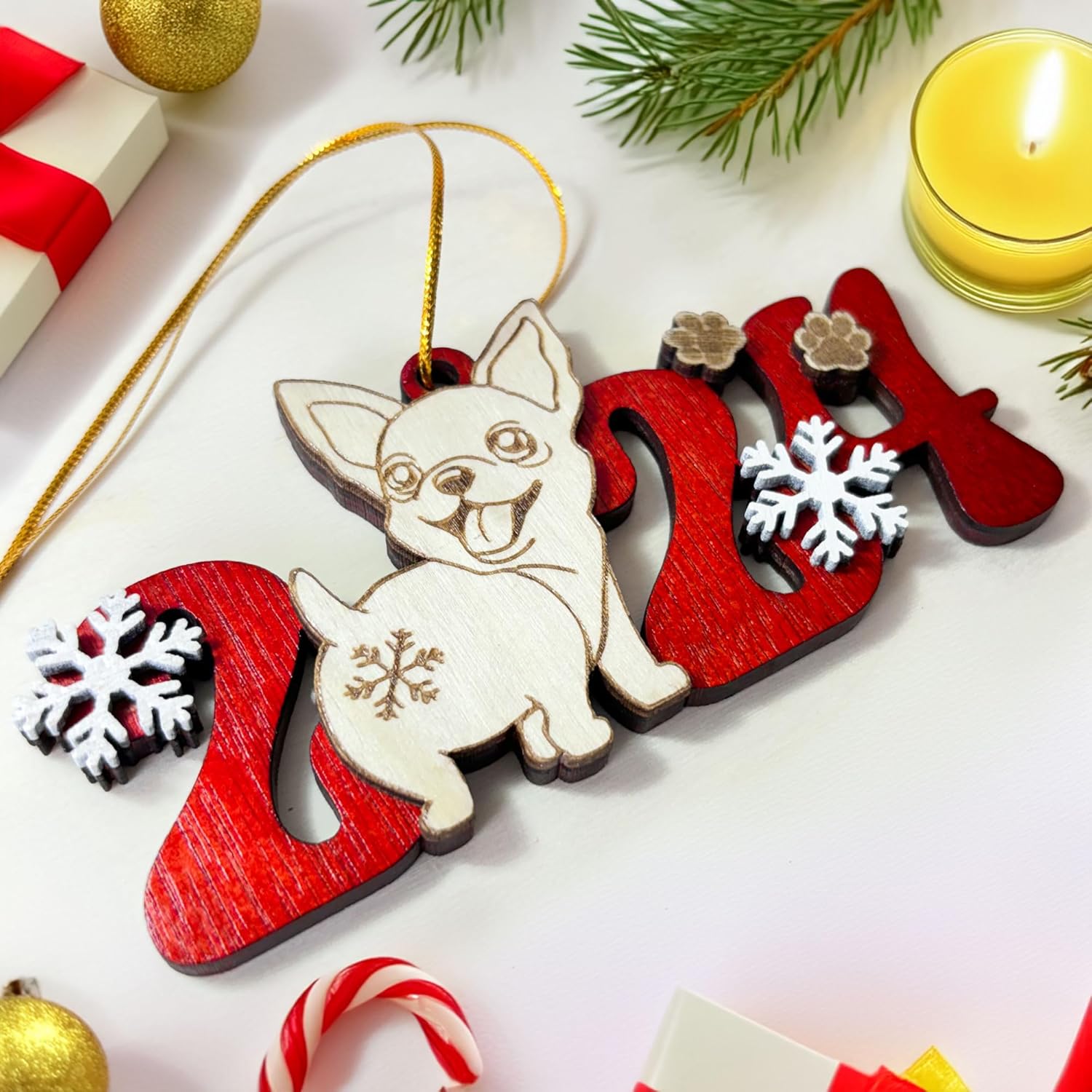 Chihuahua Dog 2024 Christmas Ornament - Adorable Wooden Holiday Decoration for Chihuahua Lovers - 2024 Chihuahua Dog Christmas Tree Ornament 4