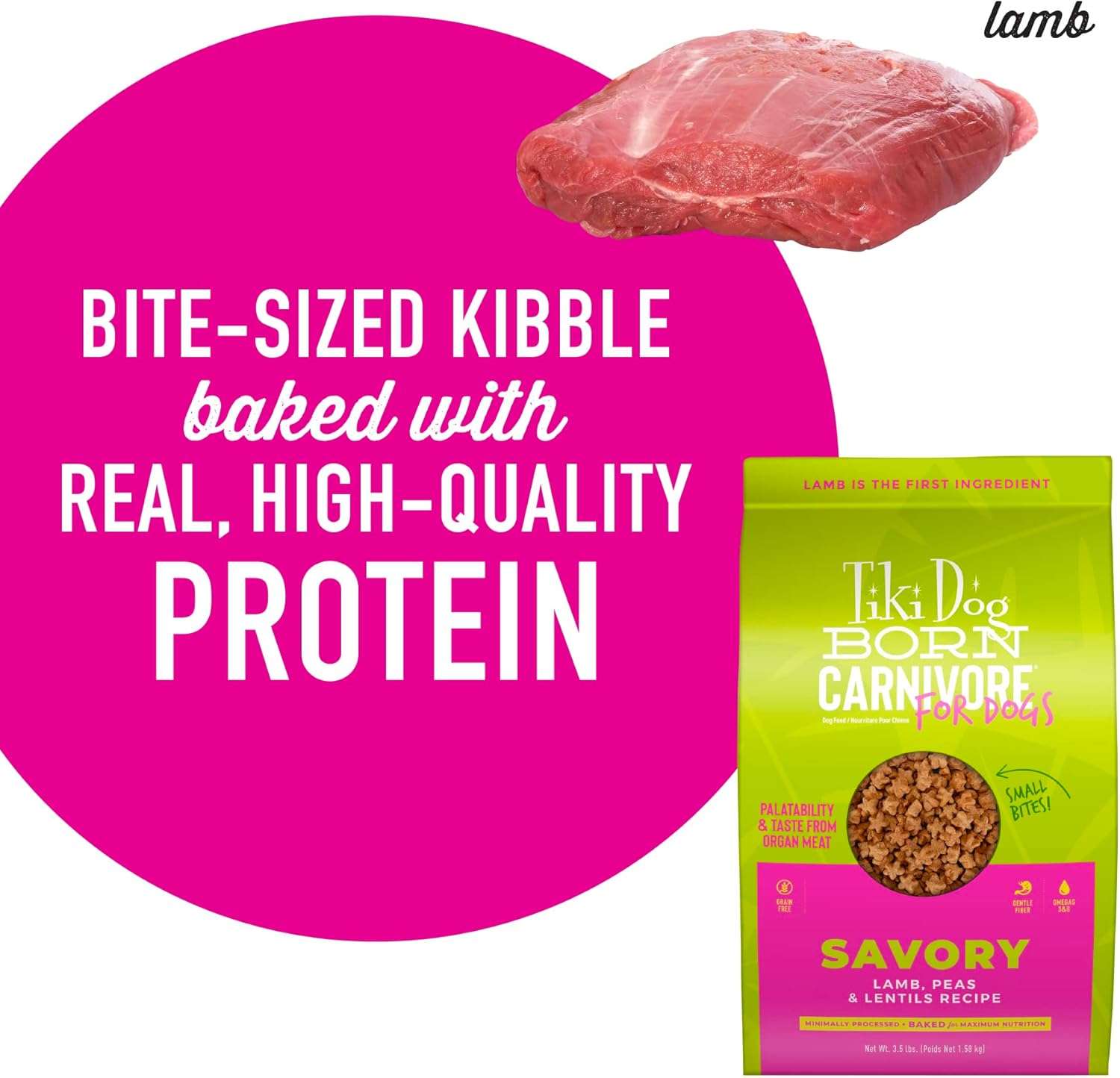 Tiki Dog Born Carnivore for Dogs, Savory Lamb, Peas & Lentils Recipe, Grain Free Baked Kibble for Maximum Nutrition, For Adult Dogs and All Size Breed Dogs, 3.5 lbs. Bag - 5