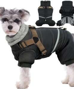 BRKURLEG Black Dog Coat with Harness, Dog Winter Jacket, Dog Onesie Body Warm Jackets, Pet Windproof Warm Cold Weather Coats, Reflective Waterproof Cold Weather Doggy Cozy Jacket Hiking S - 1