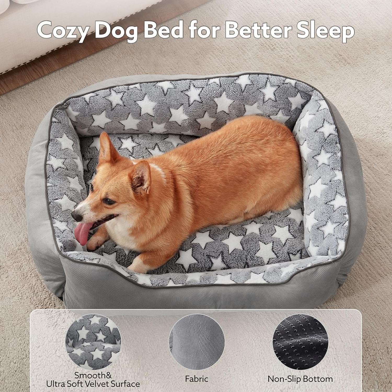 SIWA MARY Rectangle Dog Bed for Small Medium Dogs, Calming Dog Bed Small Size Dog, Orthopedic Dog Sofa Bed, Washable Soft Calming Sleeping Dog Soft Puppy Bed, Anti-Slip Bottom - 5