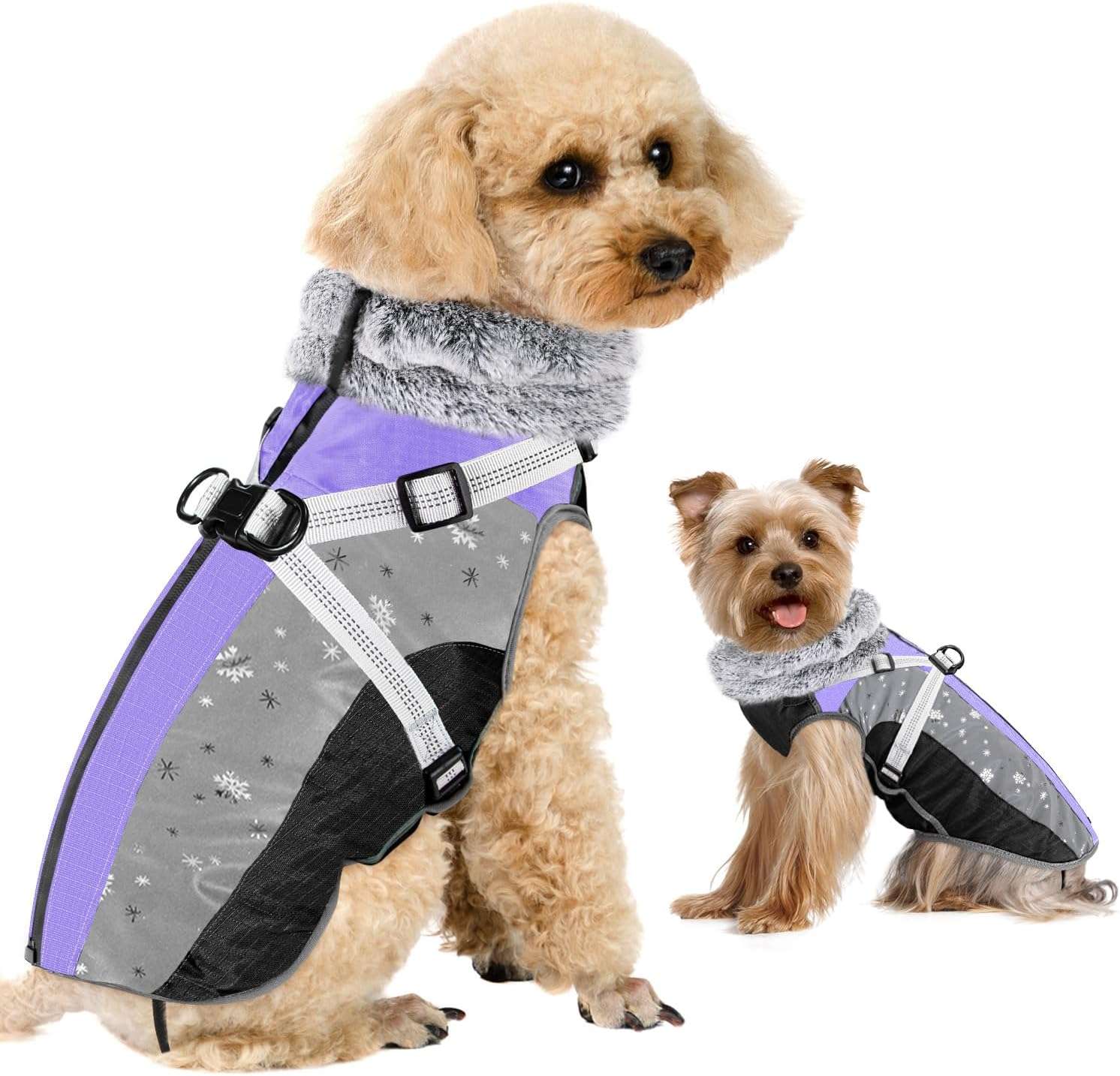 SlowTon Dog Jacket with Harness Built in, Waterproof Fleece Winter Warm Dog Coats for Small Medium Dogs, Reflective Adjustable Furry Puppy Vest Clothes for Outdoor Walking - 1