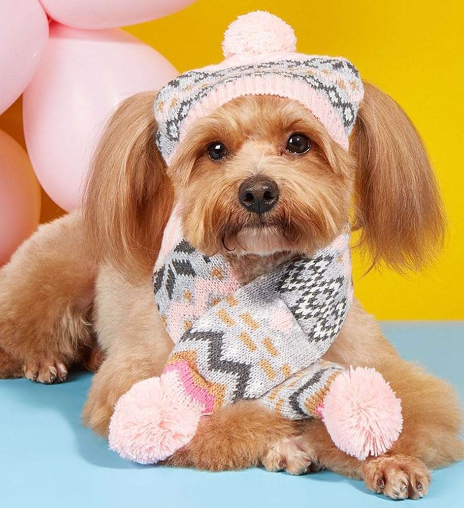 Dog Hat & Scarf Set, Dog Knitted Hat Pet Christmas Winter Warm Caps Cute Accessories Neck Ear Warmer Hood Warm Scarf Party Decoration for Pet Cat and Dog fit for Small A-pink diamond Small - 4