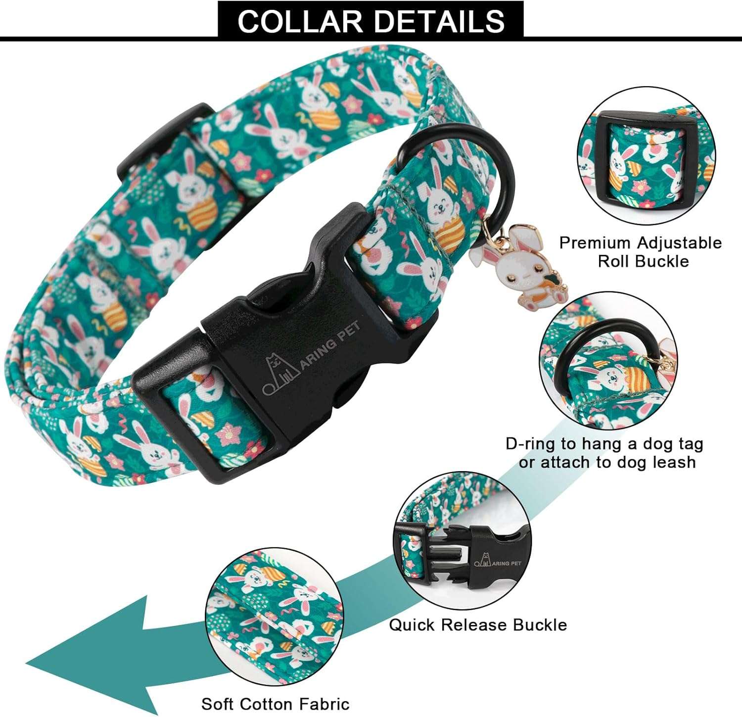 ARING PET Easter Dog Collar-Cute Green Easter Eggs Dog Collar, Adjustable Carrot&Rabbit Pet Collars Puppy Collar Gifts with Quick Release Buckle for Girl&Boy Dogs - 4