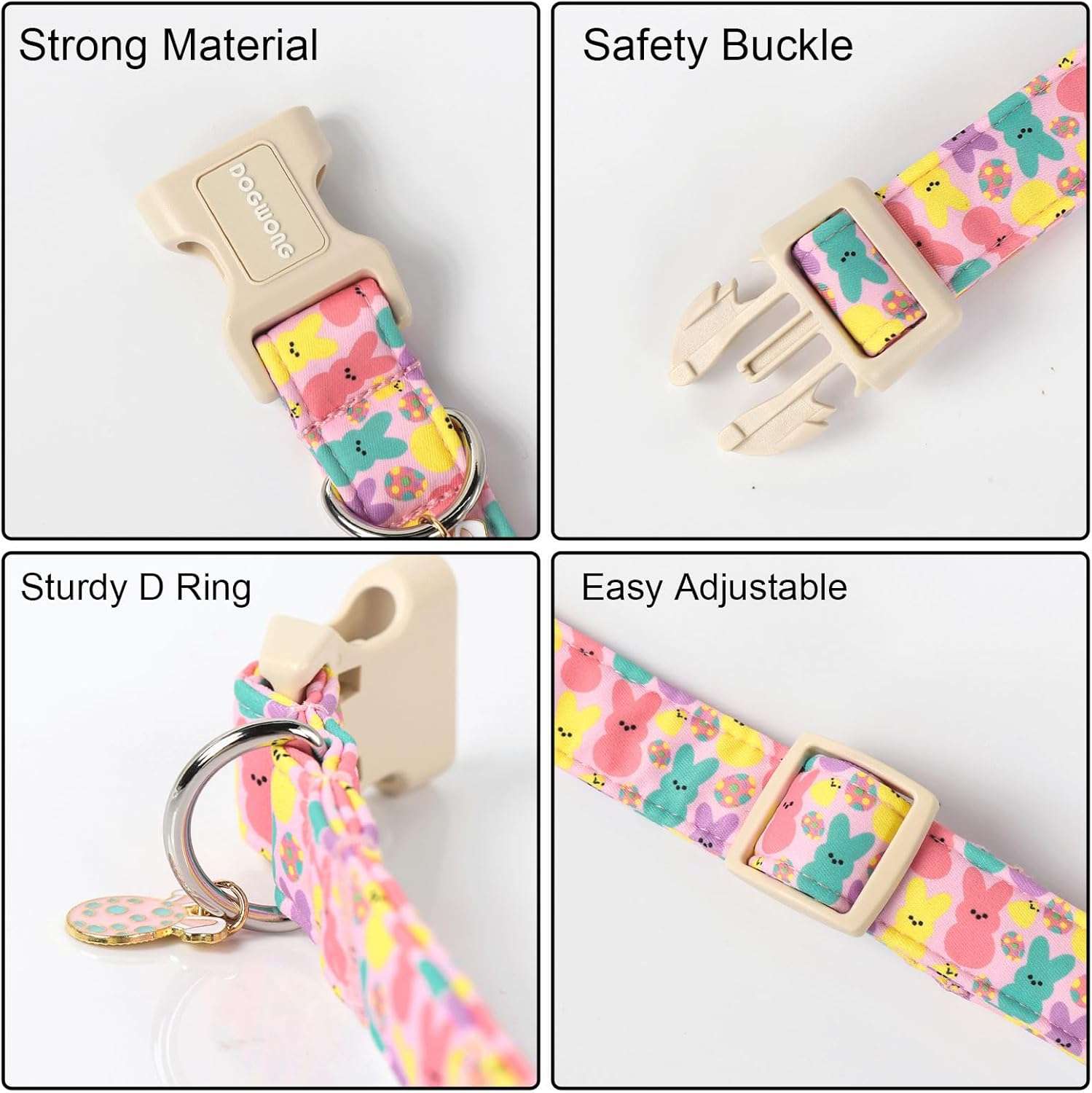 DOGWONG Easter Dog Collar,Cute Bunny Eggs Dog Collar Pink Babbit Pet Collar Girl Dog Collar Puppy Adjustable Soft Dog Collar for Small Dog - 3