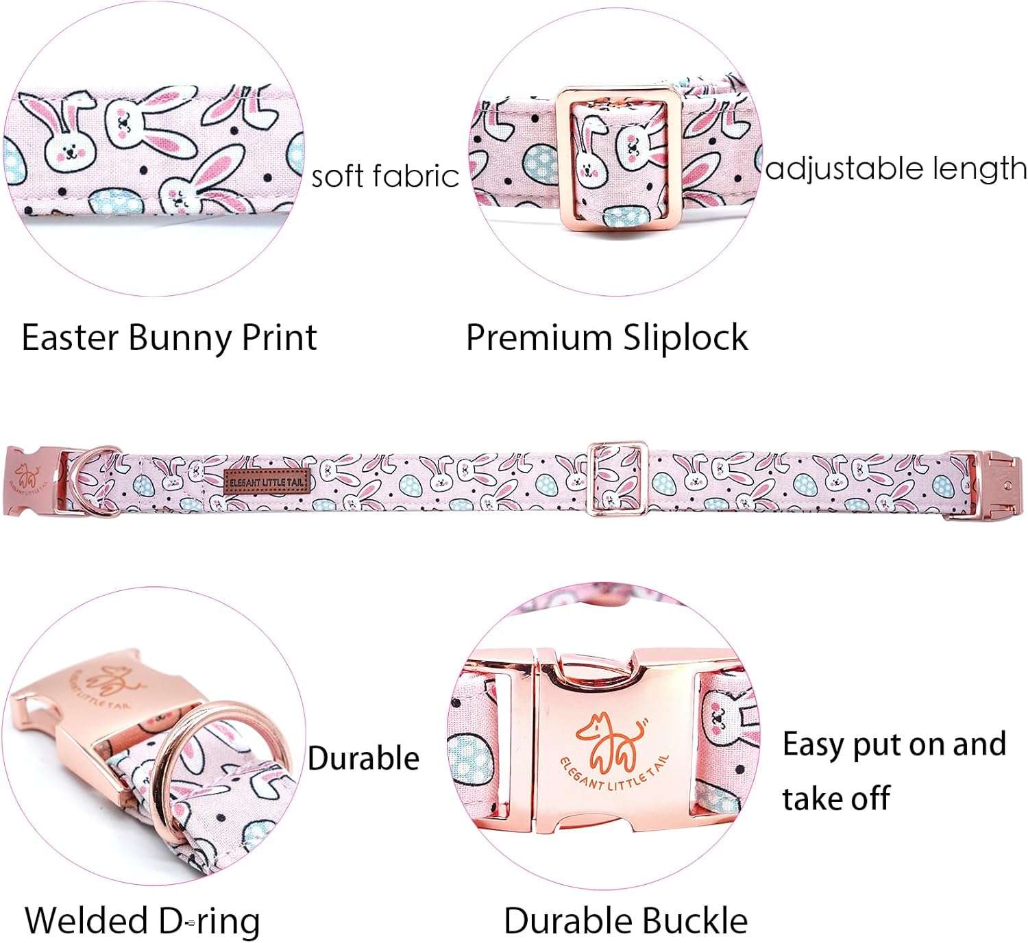 Elegant little tail Easter Dog Collar, Bunny Eggs Print Dog Collar Pet Collar Pink Collar Girl or Boy Dog Collar Puppy Pet Gift Adjustable Dog Collar for X-Small Dogs - 2