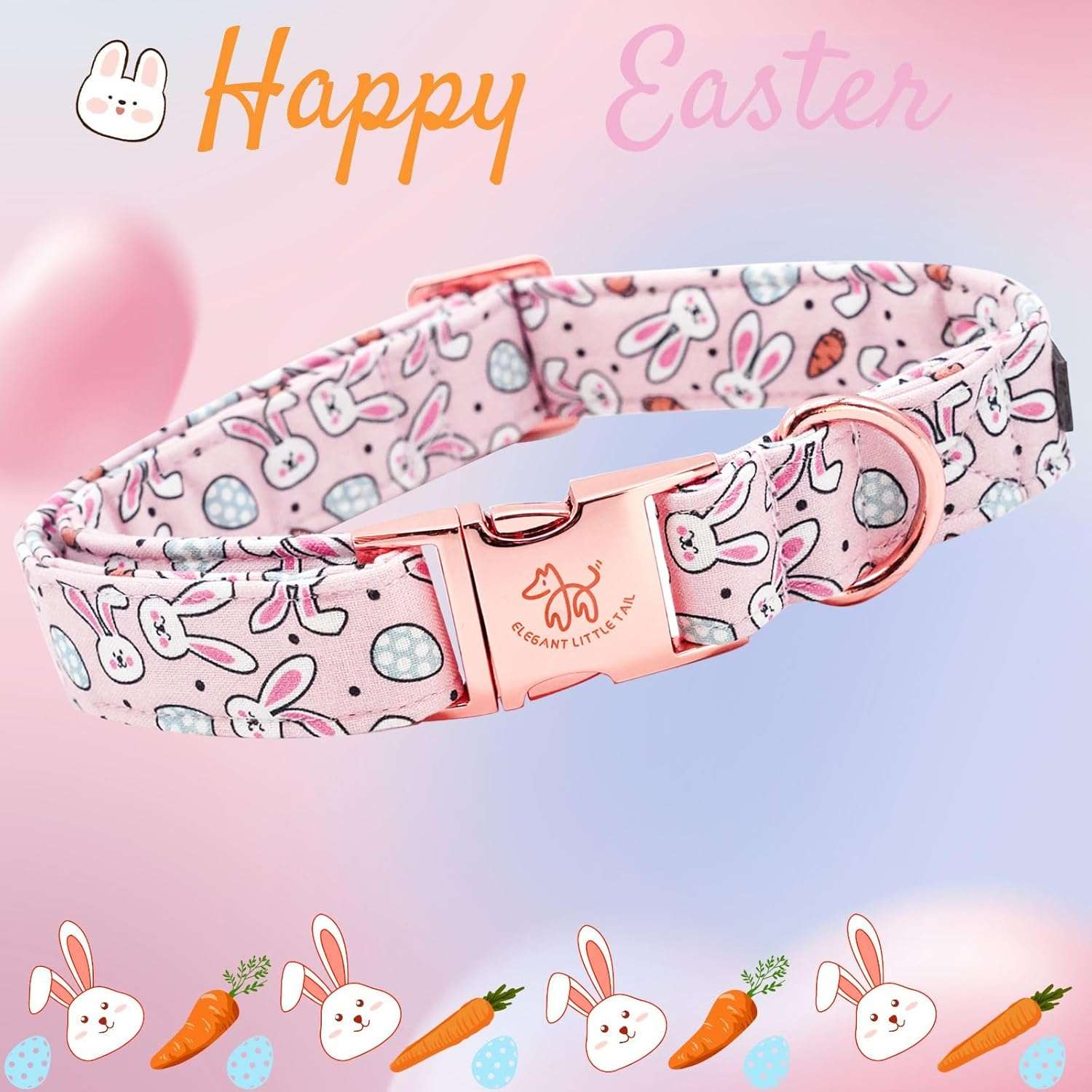 Elegant little tail Easter Dog Collar, Bunny Eggs Print Dog Collar Pet Collar Pink Collar Girl or Boy Dog Collar Puppy Pet Gift Adjustable Dog Collar for X-Small Dogs - 3