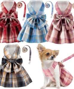4 Pcs Cute Plaid Dog Dress Set with Bow Tie Harness & Leash for Small Dogs, Puppy Clothes for Girls Summer Outfits - 1