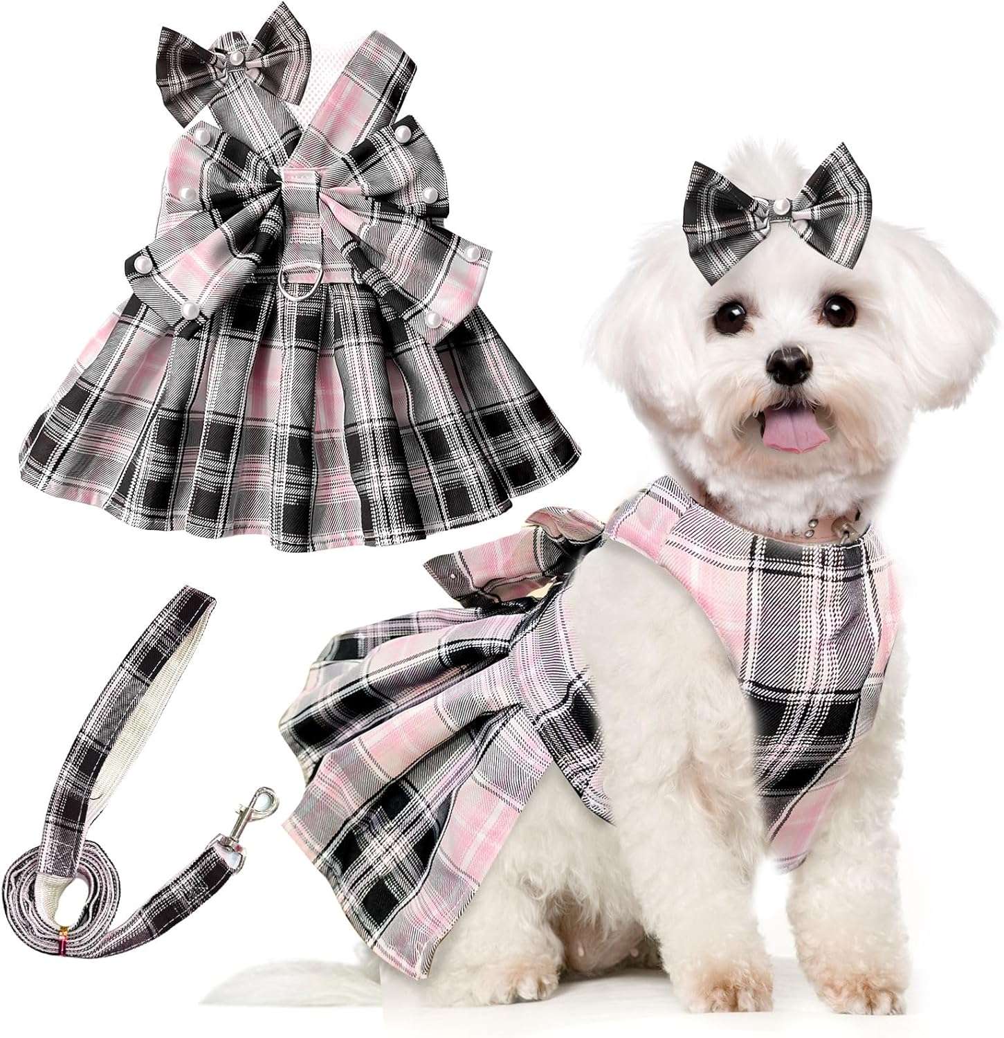 PETCARE Cute Dog Dress Clothes for Small Dogs Cats Girl Female Pink Plaid Bow Tie Dog Harness Dresses Leash Set with Pearls Bow Accessories Birthday Puppy Dress - 1