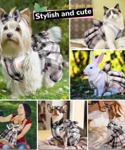 PETCARE Cute Dog Dress Clothes for Small Dogs Cats Girl Female Pink Plaid Bow Tie Dog Harness Dresses Leash Set with Pearls Bow Accessories Birthday Puppy Dress - 2