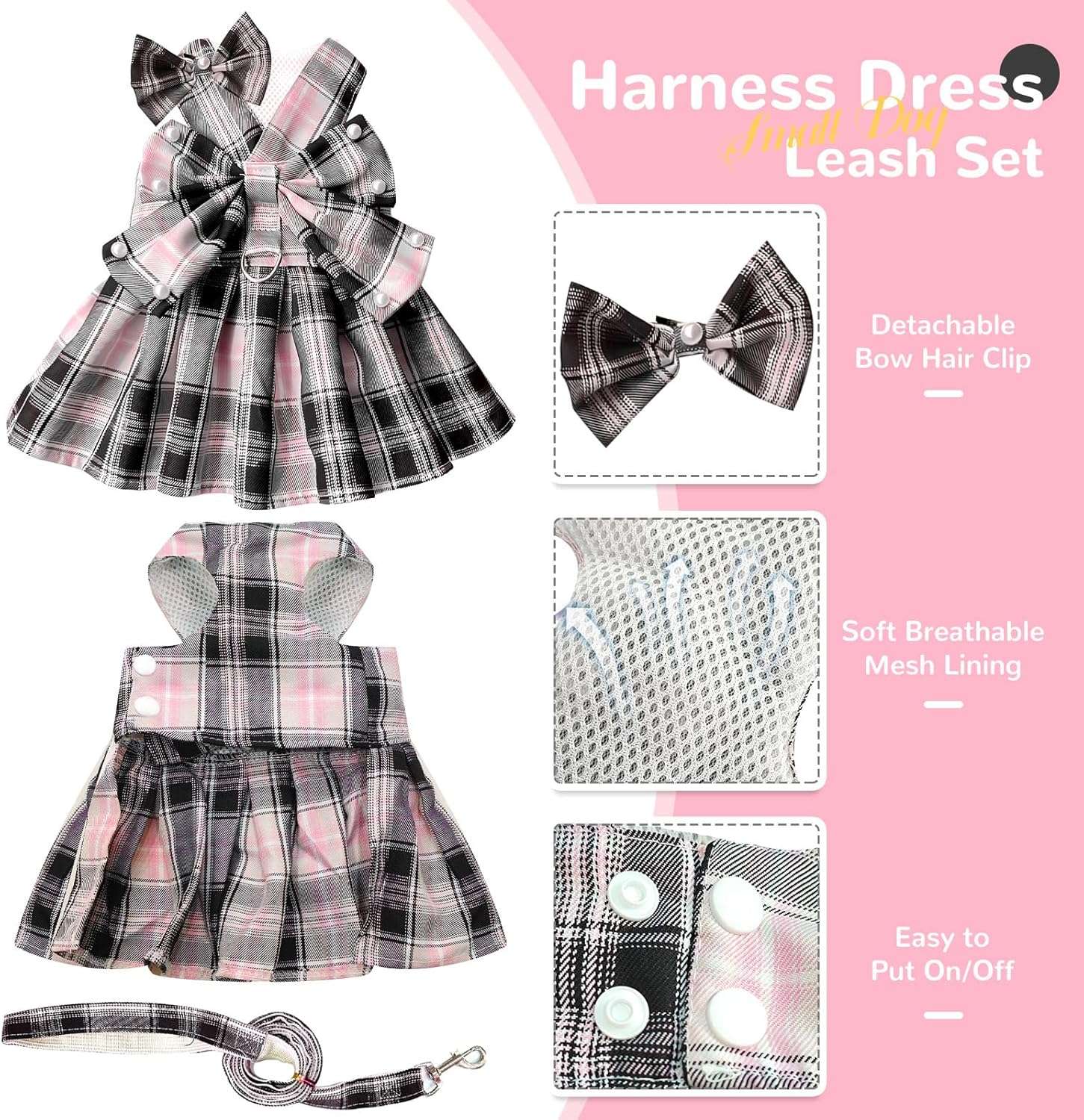 PETCARE Cute Dog Dress Clothes for Small Dogs Cats Girl Female Pink Plaid Bow Tie Dog Harness Dresses Leash Set with Pearls Bow Accessories Birthday Puppy Dress - 5