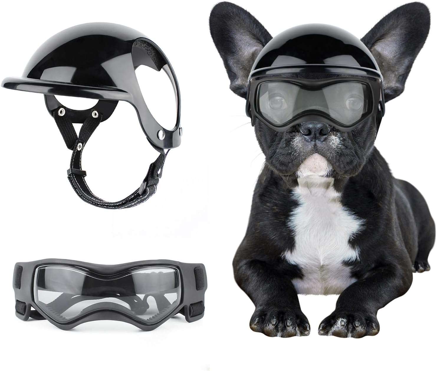 Dog Helmet and Goggles for Small Dogs - Pet Goggles Pet Motorcycle Helmet Hat with Ear Holes Adjustable Straps Safety Helmet for Puppy Riding - Black - 1