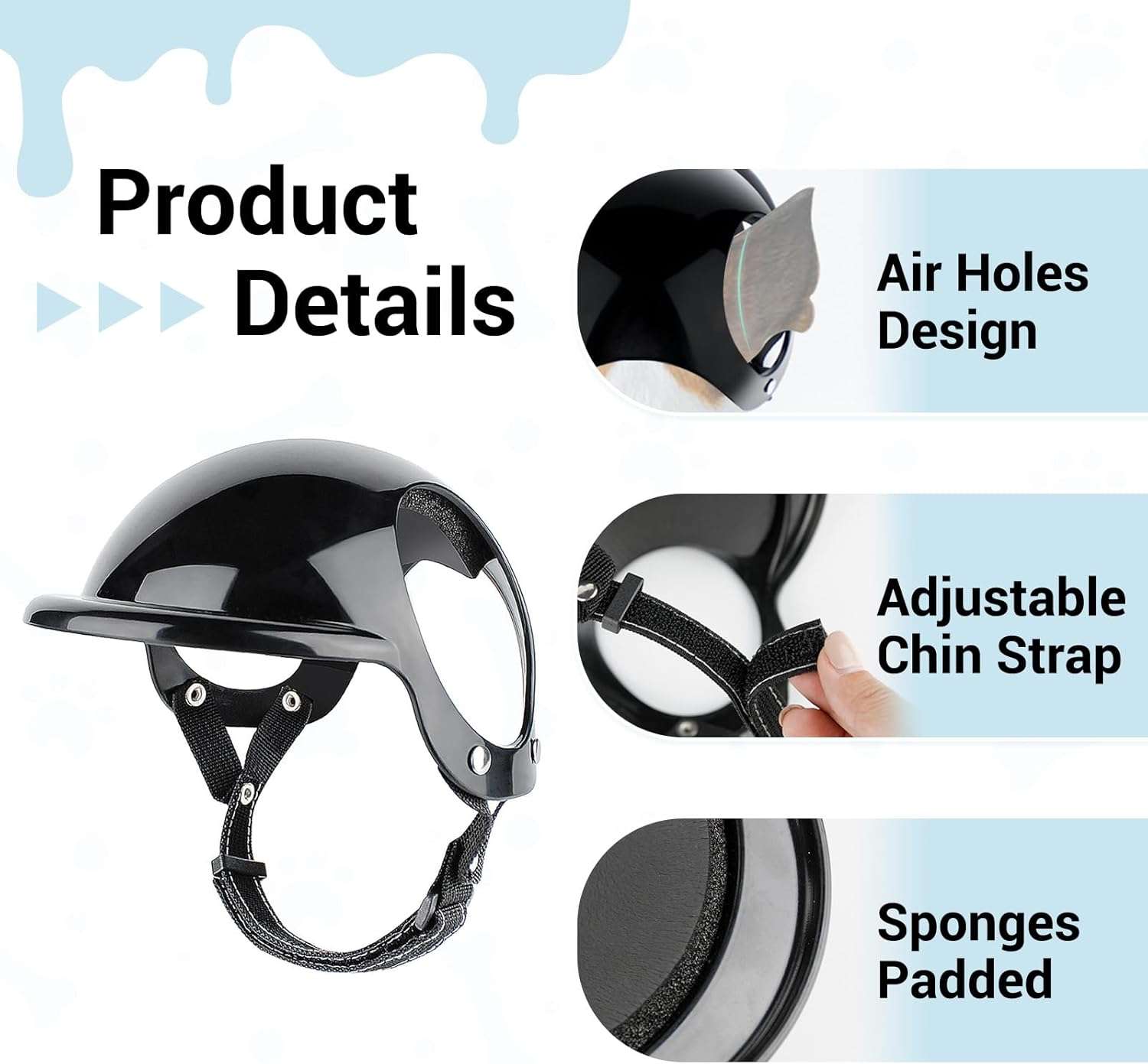 Dog Helmet and Goggles for Small Dogs - Pet Goggles Pet Motorcycle Helmet Hat with Ear Holes Adjustable Straps Safety Helmet for Puppy Riding - Black - 3