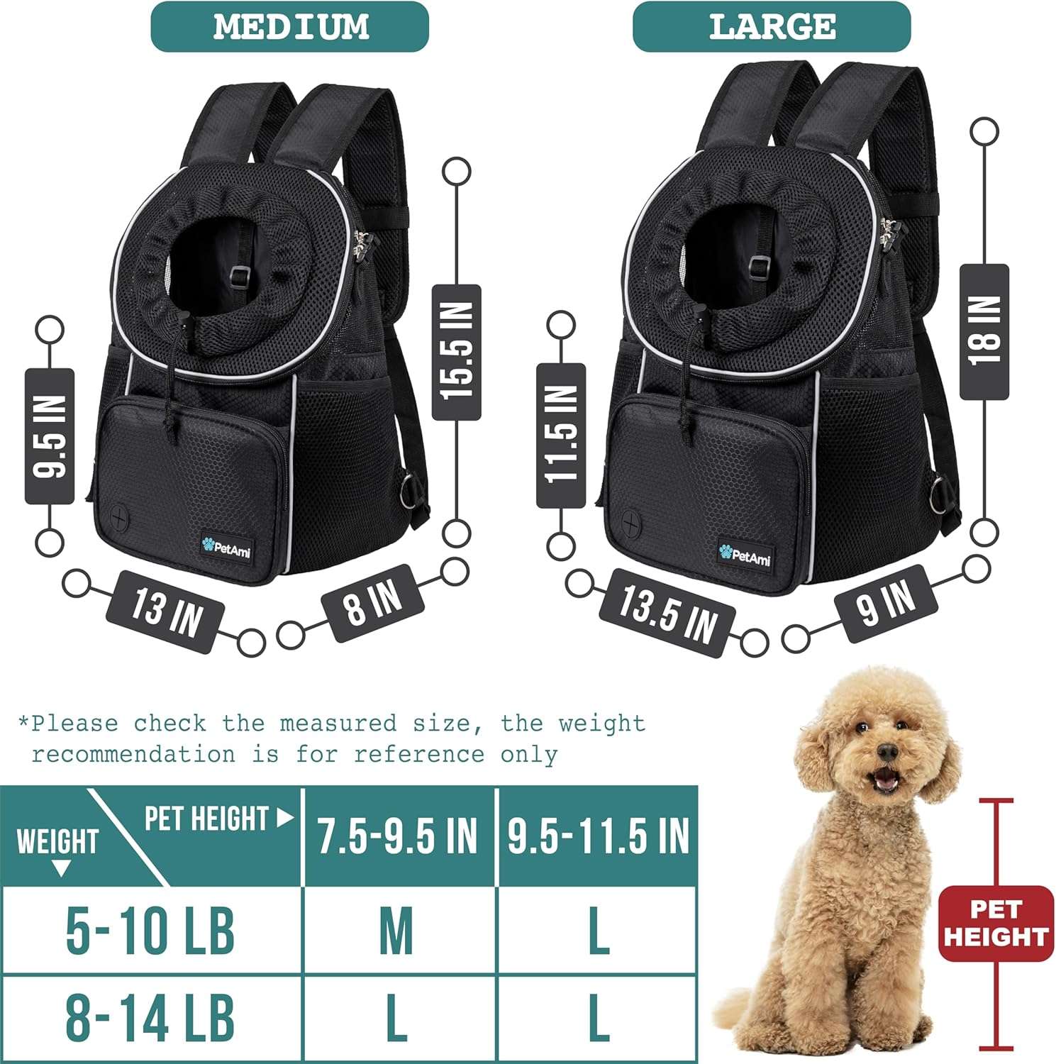 PetAmi Adjustable Dog & Cat Chest Carrier Backpack, Ventilated for Hiking, Camping & Travel, Max 10 lbs, Black - 3