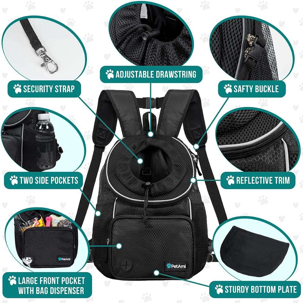 PetAmi Adjustable Dog & Cat Chest Carrier Backpack, Ventilated for Hiking, Camping & Travel, Max 10 lbs, Black - 4