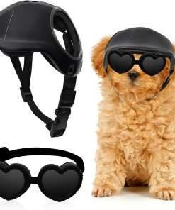 Small Dog Helmet and Goggles Set, UV Protection Pet Sunglasses and Safety Motorcycle Helmet Hats, Adjustable Belt with Ear Hole for Doggy Puppy Hiking, Motorcycling, Biking, Riding - 1