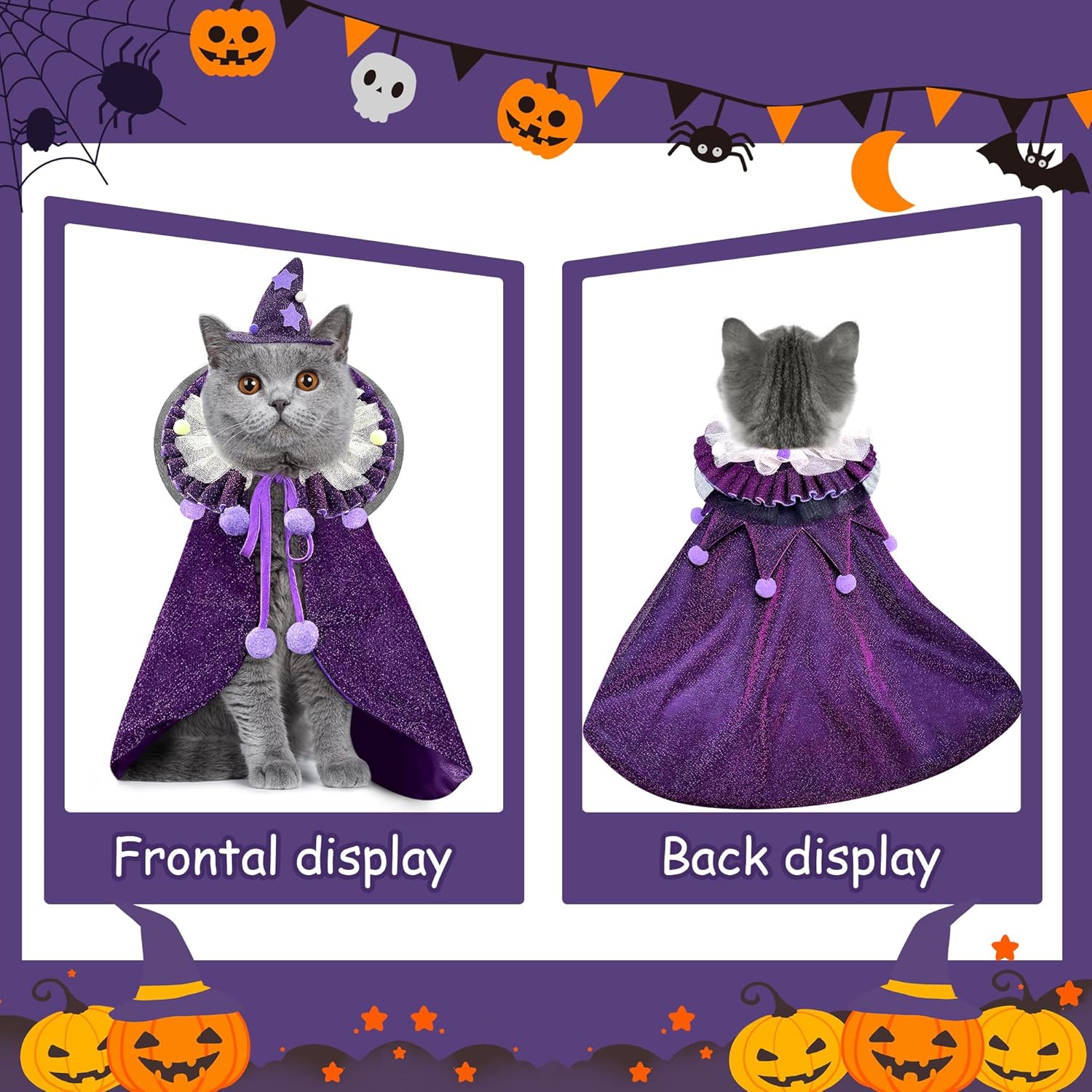 KOUPA Pet Halloween Costume with Hat, Dog Clothes Cosplay Wizard Cloak for Small Puppy Kitten Animal, Shiny Cat Outfit Suit for Party Holiday Christmas, Purple - 4