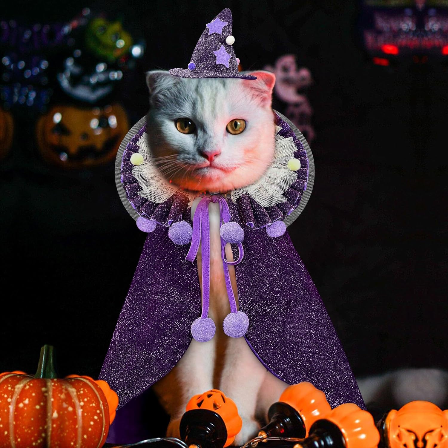 KOUPA Pet Halloween Costume with Hat, Dog Clothes Cosplay Wizard Cloak for Small Puppy Kitten Animal, Shiny Cat Outfit Suit for Party Holiday Christmas, Purple - 5