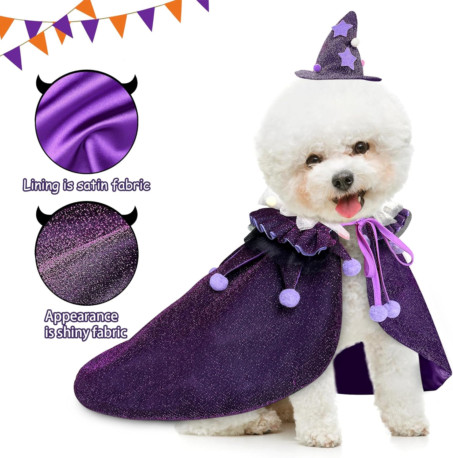 KOUPA Pet Halloween Costume with Hat, Dog Clothes Cosplay Wizard Cloak for Small Puppy Kitten Animal, Shiny Cat Outfit Suit for Party Holiday Christmas, Purple - 7