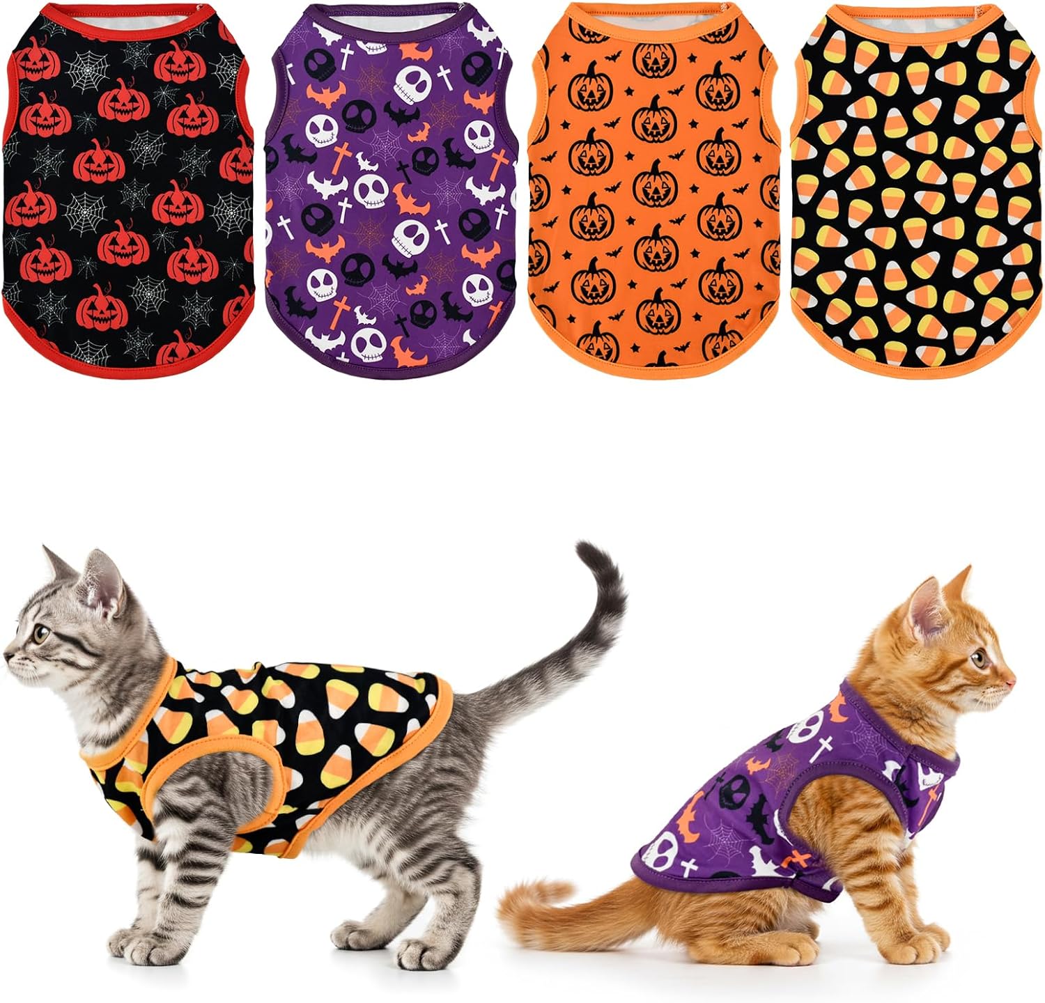 4-Pack Halloween Themed Dog Shirts Puppy Pumpkin Pattern Tank Tops Cute Skull Corn Candy Style Outfits for Small Boy Girl Puppy Festival Costume for Small Medium Dogs XS - 1
