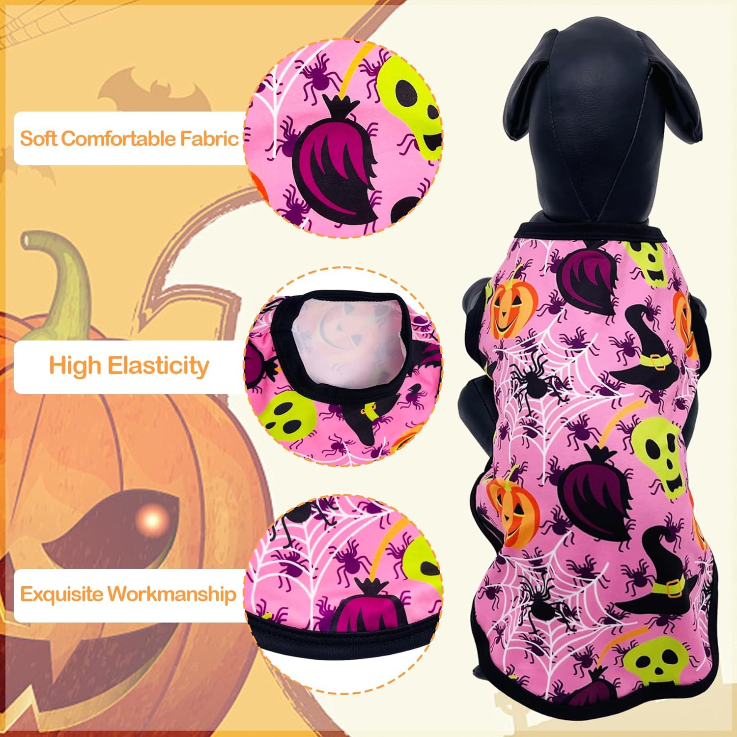 Halloween Dog Shirts for XS XXS Puppy Doggie Sleeveless Tank Top Tee Clothes Vest Soft Breathable T-Shirts Pumpkin Bats Ghost Spider Owls Pink Blue Outfit Pack of 2 - 3