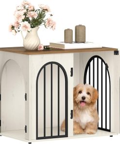 26.8'' Wooden Dog Crate Furniture, Indoor Dog Kennel Dogs Cage for Small Dogs, Heavy Duty Dog Crates Decorative Pet House End Side Table TV Stand, White Brown DFC85514B - 1